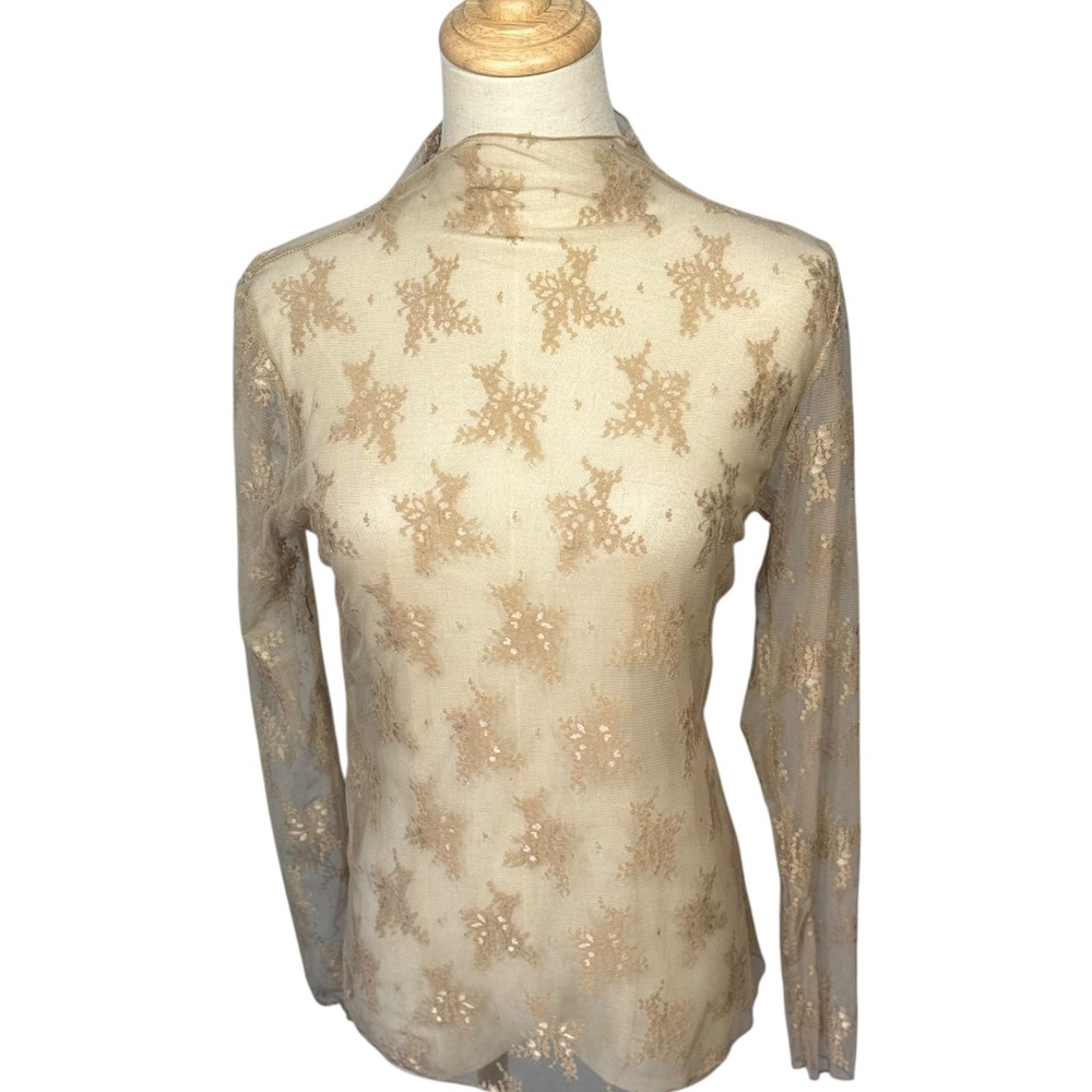 Y2K Womens Lace Sheer Mesh Layering Top Sz‎ M/L Taupe Fairy Whimsigoth Ethereal